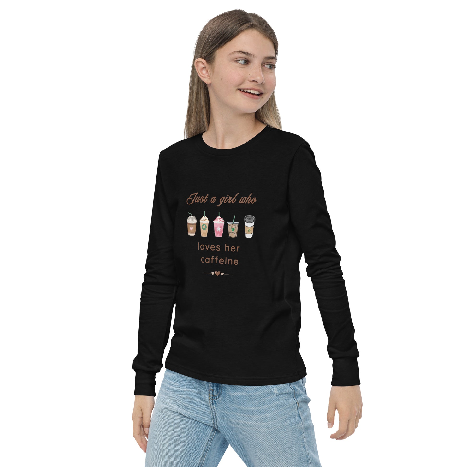 Just a Girl Who Loves Her Caffeine Youth Long Sleeve Tee by EraofInk