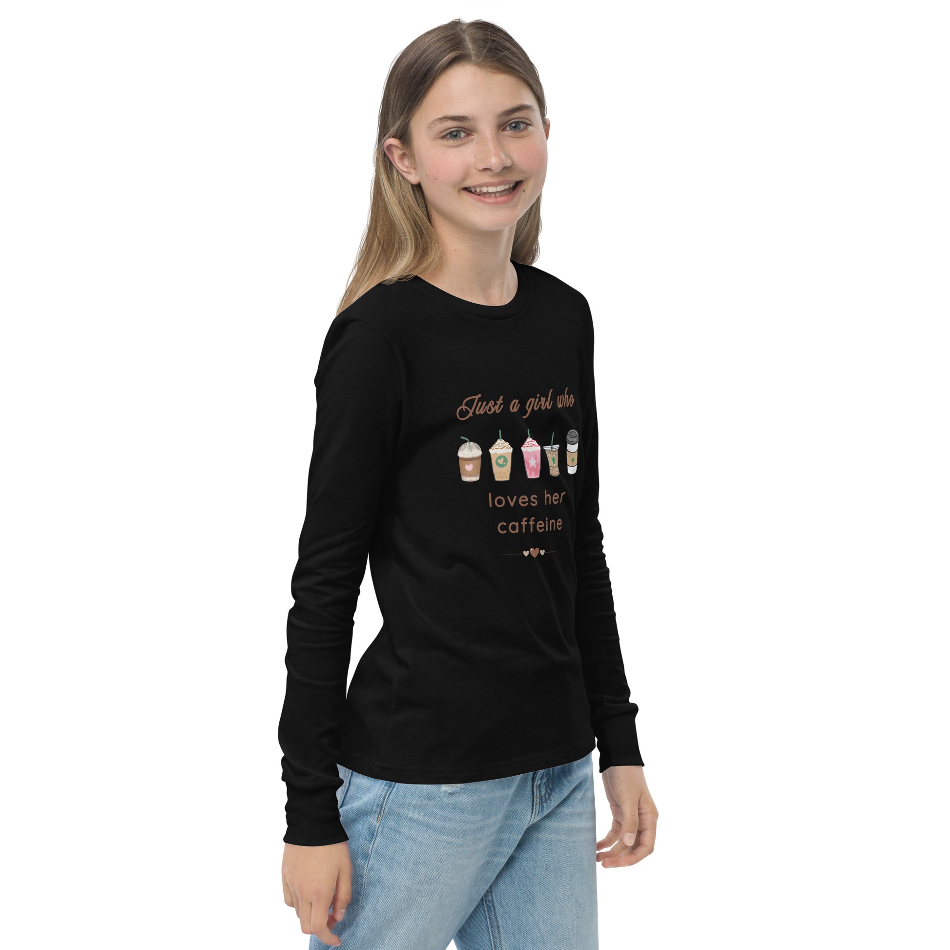Just a Girl Who Loves Her Caffeine Youth Long Sleeve Tee by EraofInk