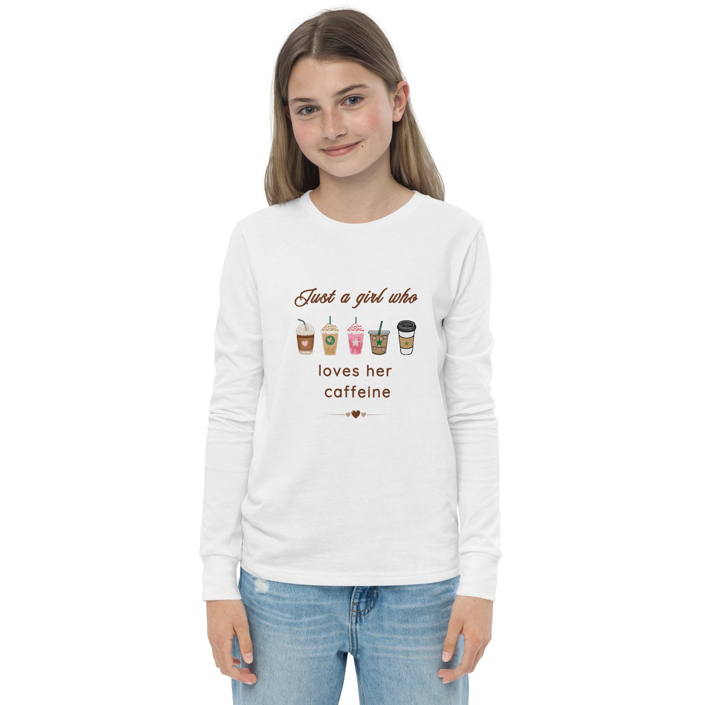 Just a Girl Who Loves Her Caffeine Youth Long Sleeve Tee by EraofInk