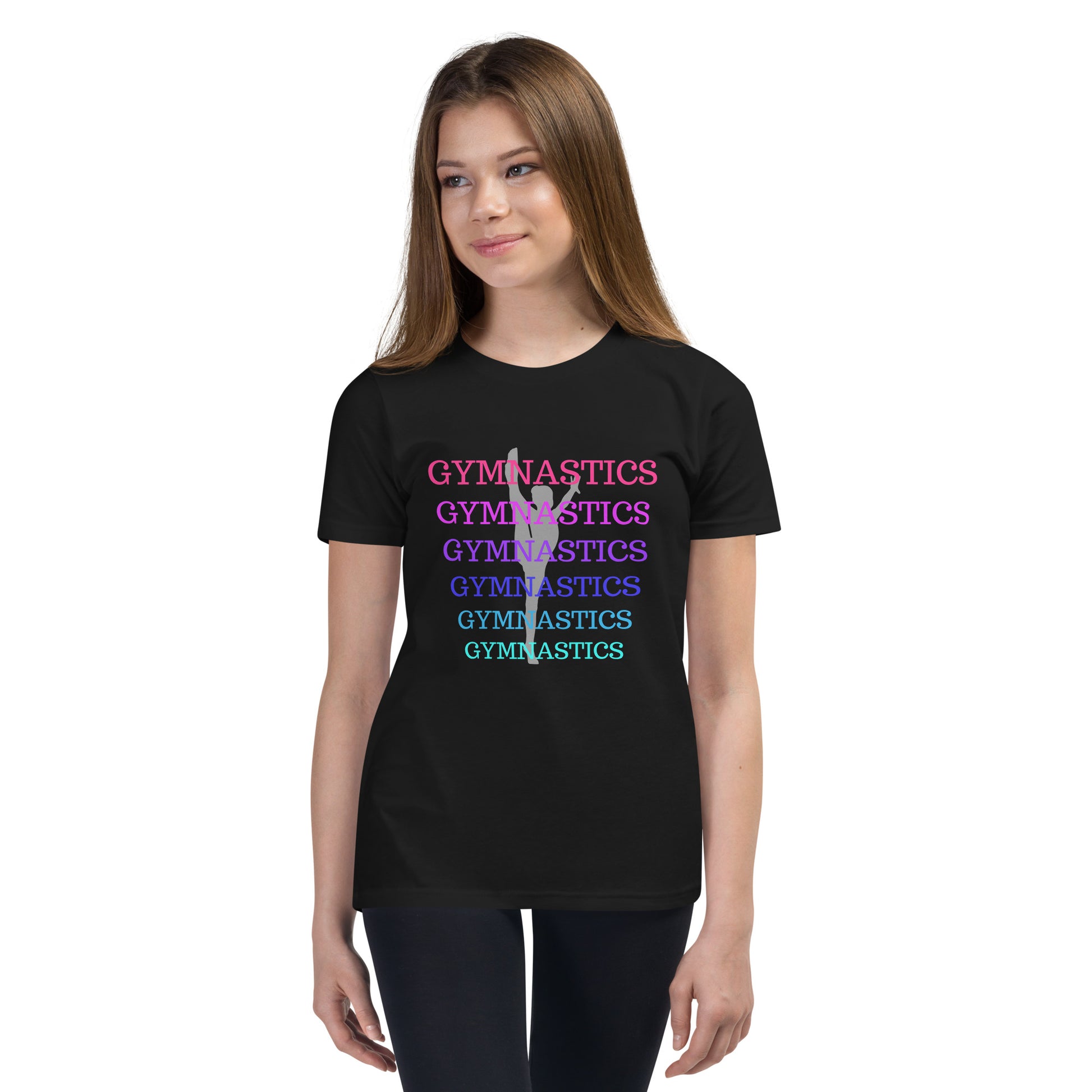 Gymnastics - layered in many colors with gymnast pose behind letters - Youth Short Sleeve T-Shirt - by RecreatingKrista