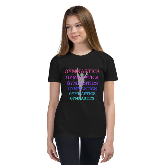 Gymnastics - layered in many colors with gymnast pose behind letters - Youth Short Sleeve T-Shirt - by RecreatingKrista