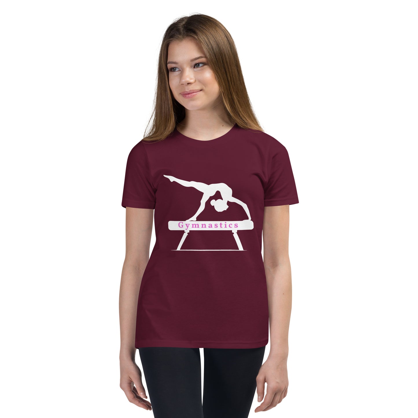 Gymnastics - silhouette on beam - Youth Short Sleeve T-Shirt - by RecreatingKrista