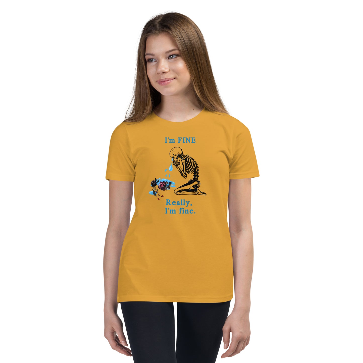 I'm Fine. Really, I'm fine. (Crying Skeleton Slumped a Rose) Youth Tee by EraofInk